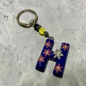 Letter H Keychain Purple Enamel Rhinestone Floral Beaded 5”